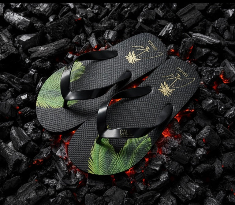 CALIL Black Flip Flops with Gold Logo