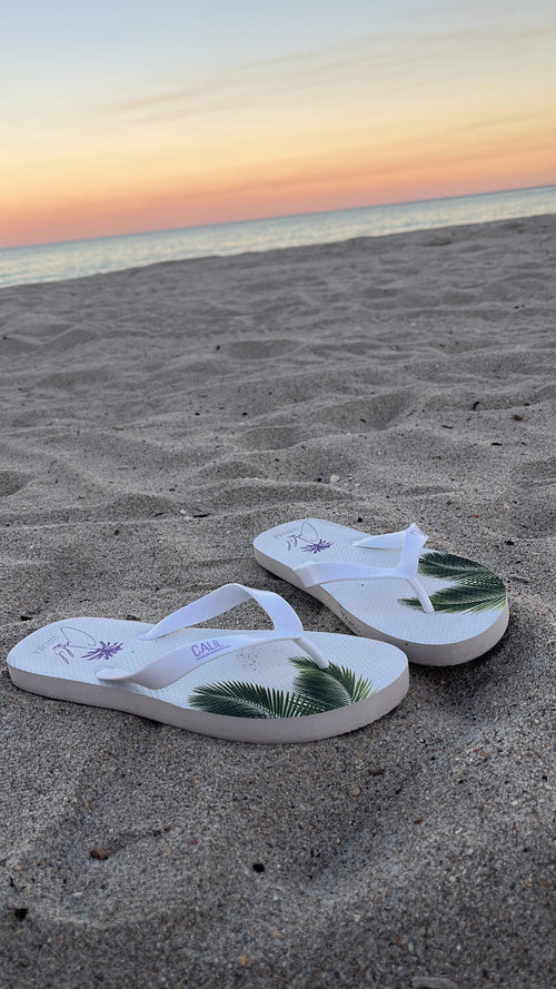 CALIL White Flip Flops with Purple Logo