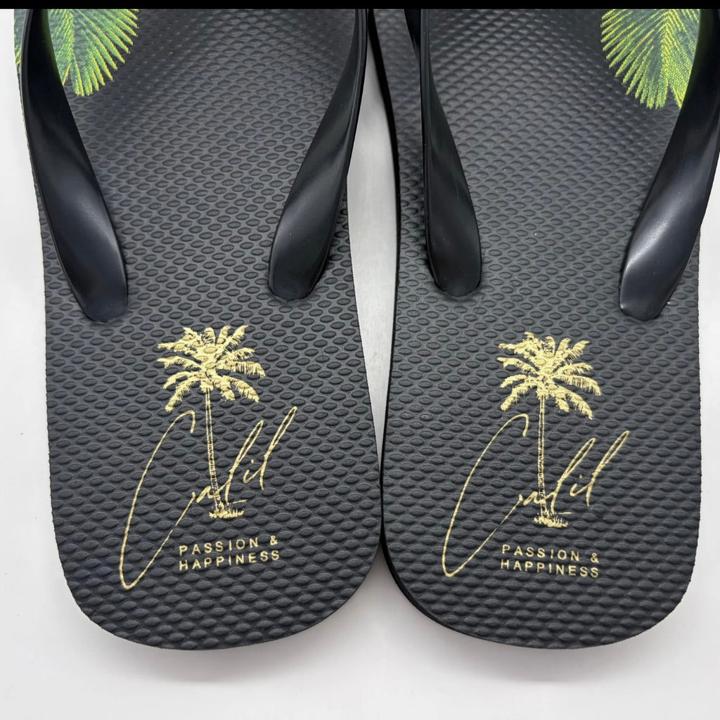 CALIL Black Flip Flops with Gold Logo