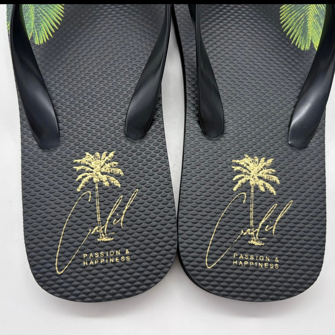 CALIL Black Flip Flops with Gold Logo