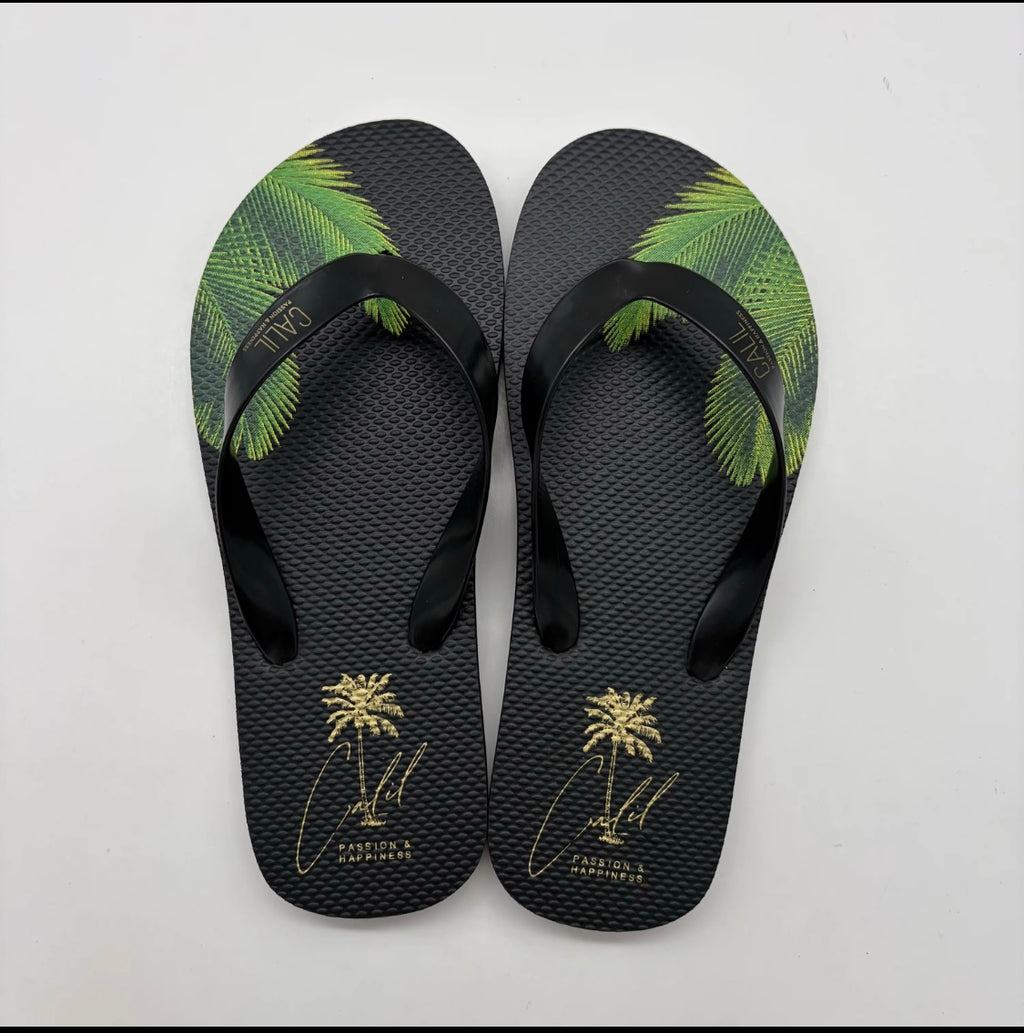 CALIL Black Flip Flops with Gold Logo