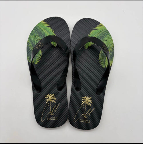 CALIL Black Flip Flops with Gold Logo