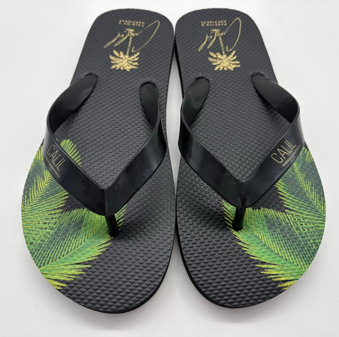 CALIL Black Flip Flops with Gold Logo