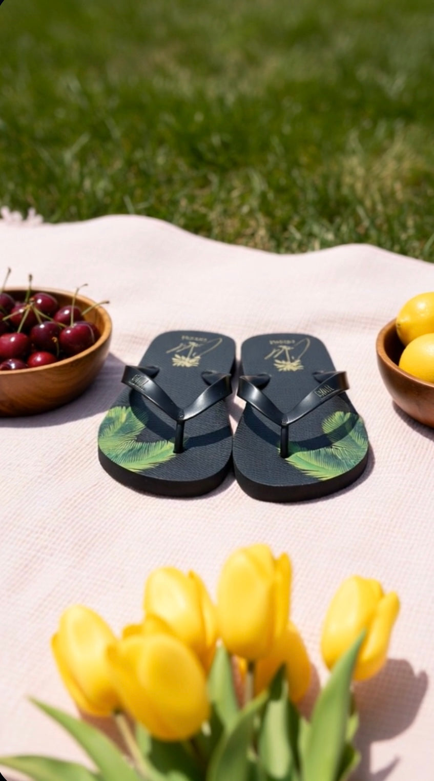 CALIL Black Flip Flops with Gold Logo